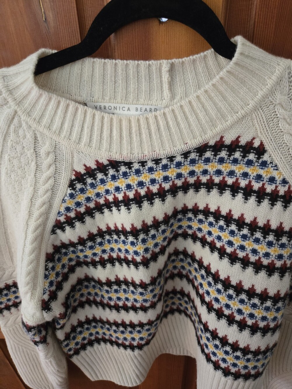 Veronica Beard Cream Fair Isle Cable Crew Sweater with Navy & Burgundy Accents